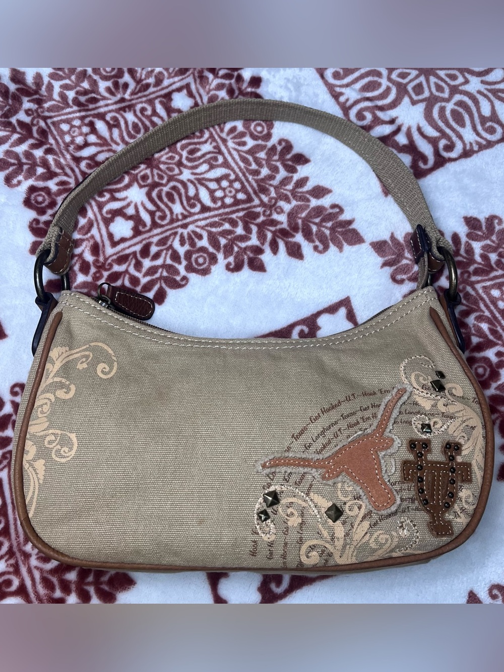 Fossil University of Texas Canvas Shoulder Bag in Beige with Embroidered Accent